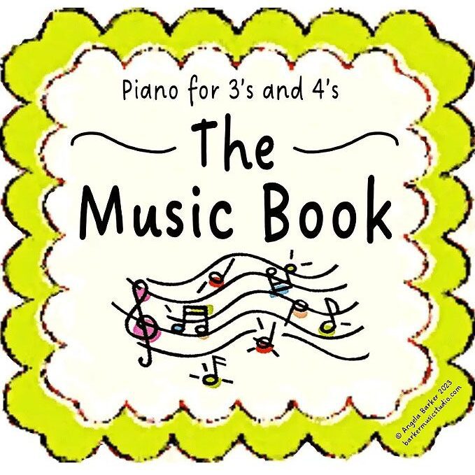 A yellow and white scalloped frame with the words " piano for 3 's and 4 's " written in front of it.