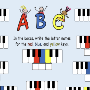 A child 's picture of the alphabet and piano keys.