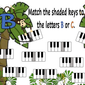 A monkey is playing piano keys with the letter b.