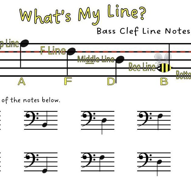 A sheet music with bass clef lines and notes.