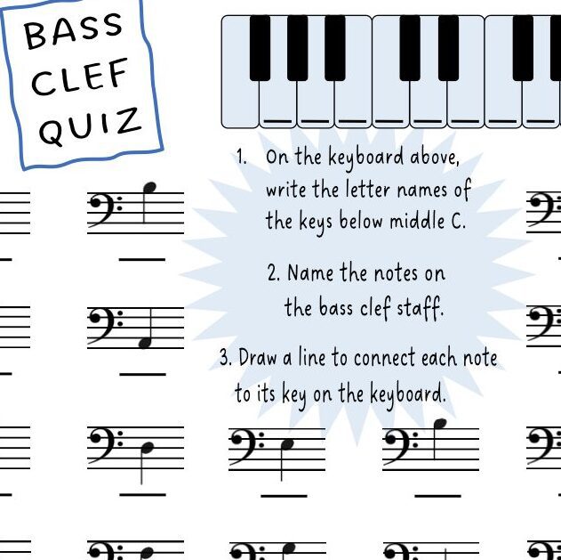 A sheet music with the names of bass clefs.