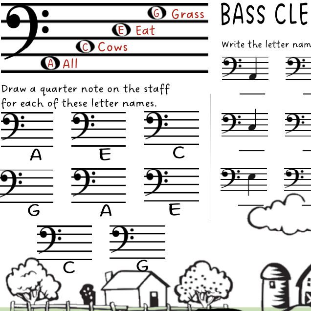 A sheet music with bass clefs and notes.