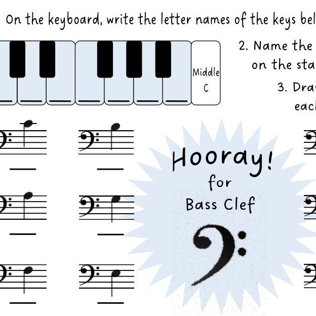 A sheet music with the name of each note and notes for bass clef.