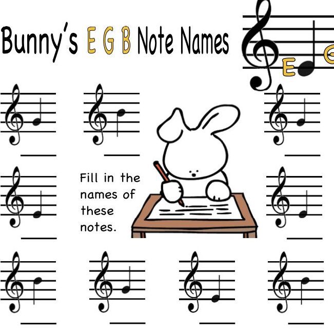 A sheet of music with the names of bunny 's e-g note names.