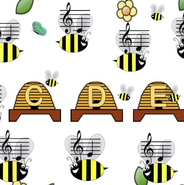 A bee hive with musical notes and bees flying around.
