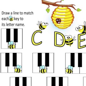 A bee and honey comb with letters on piano keys.