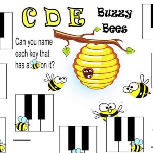 A sheet music with bees and piano keys.