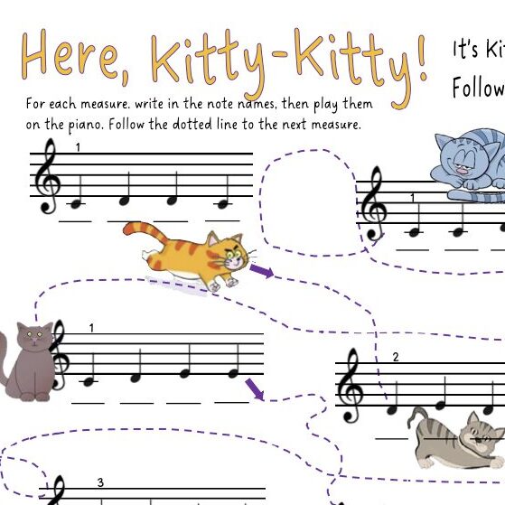 A sheet music page with cats playing on it.