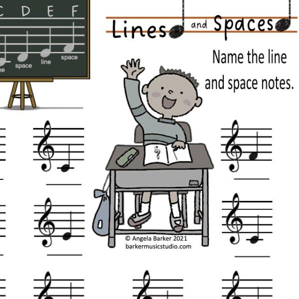 A child sitting at a desk with music notes.