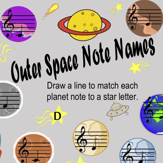 A sheet music with planets and stars on it.