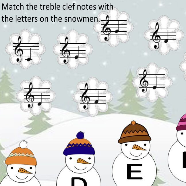 A group of snowmen with musical notes on their heads.