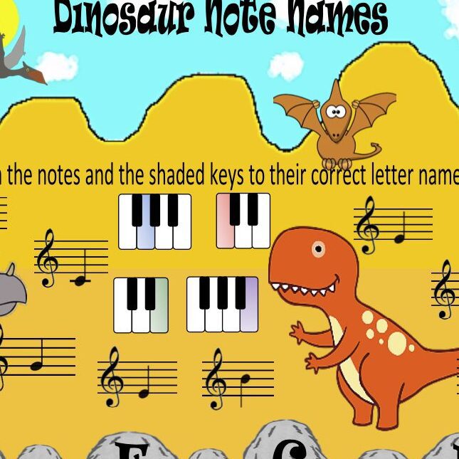 A dinosaur note names game with music notes.