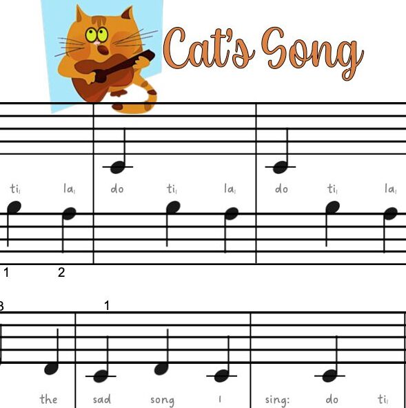 A sheet music with cat 's song written on it.