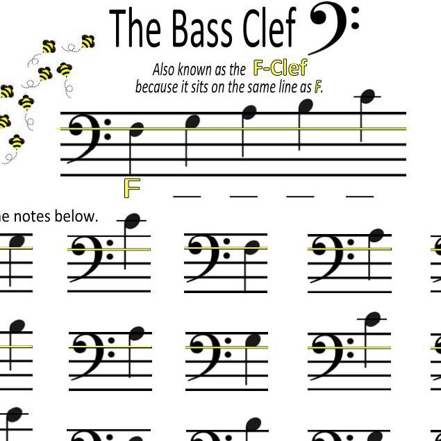 A sheet music with the words " f-clef " written on it.