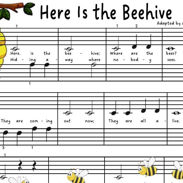 A sheet music with bees and trees on it.