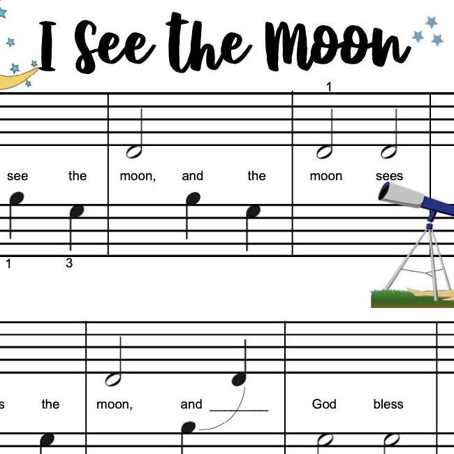 A sheet music with the words " i see the moon ".