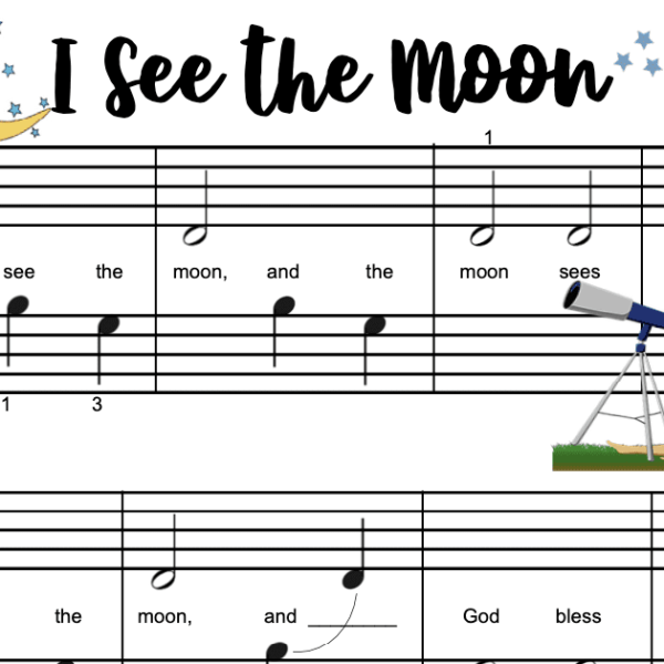 A sheet music with the words " i see the moon ".