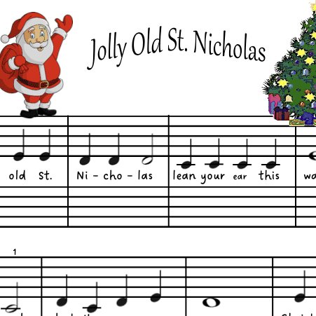 A sheet music with santa and christmas tree.