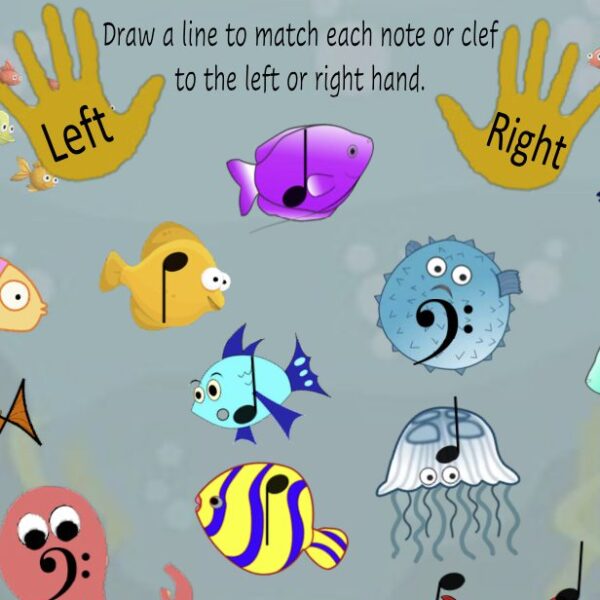 A sheet with different colored fish and hands.