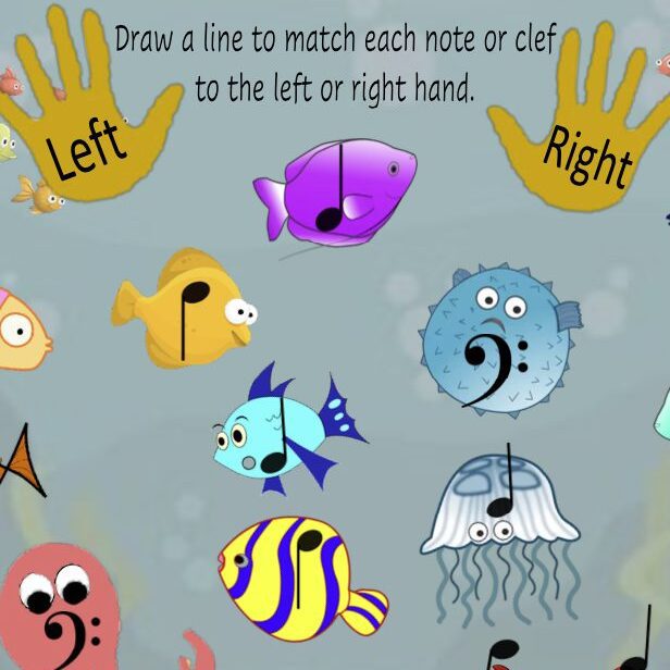 A sheet with different colored fish and hands.