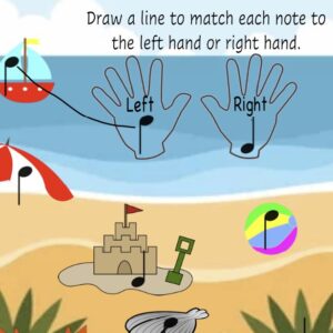 A beach scene with instructions for drawing hands.