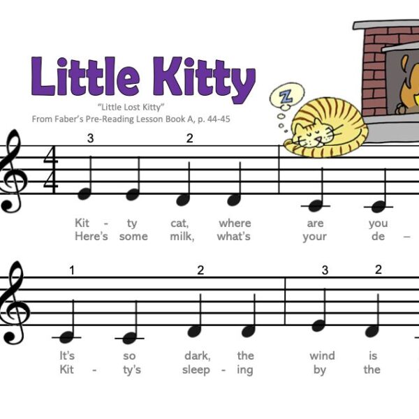 A sheet music with notes and an image of a cat.