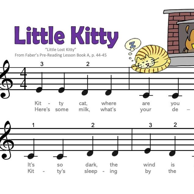 A sheet music with notes and an image of a cat.