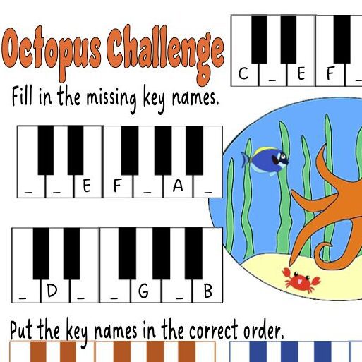A sheet with the names of key names and an octopus.