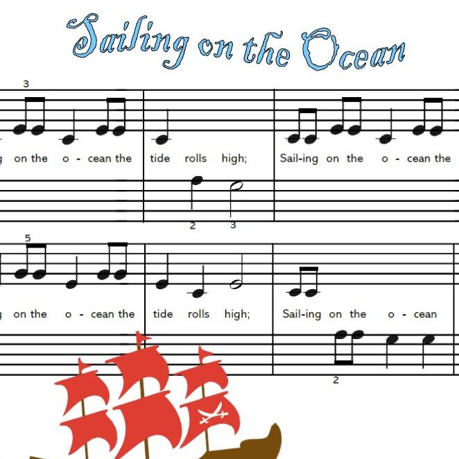 A sheet music with notes and a boat on it.