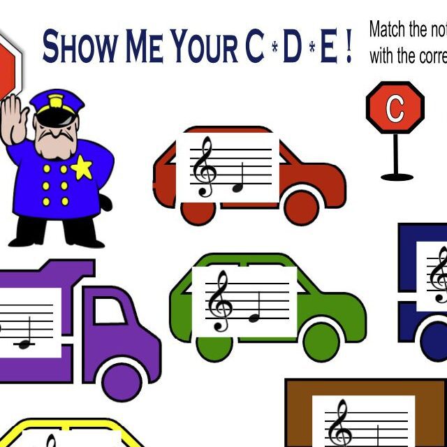 A sheet music page with different colored cars and police car.