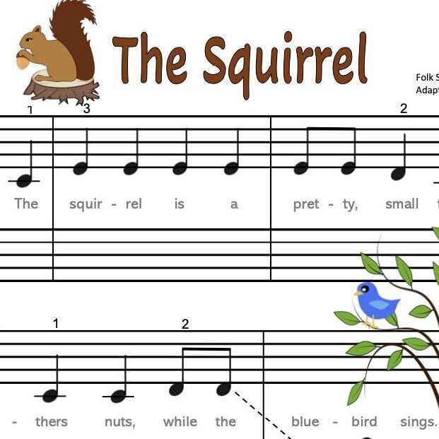A sheet music with an animal and bird on it.