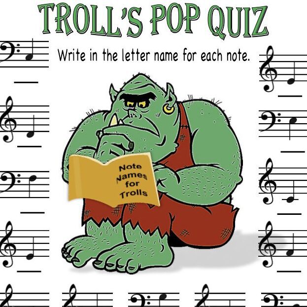 A troll reading a book with musical notes around it.