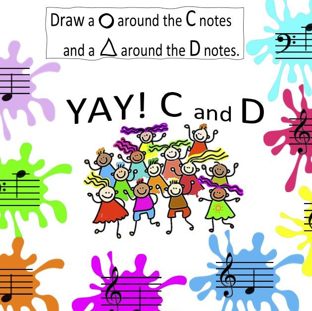 A group of children playing music notes with paint splashes around them.