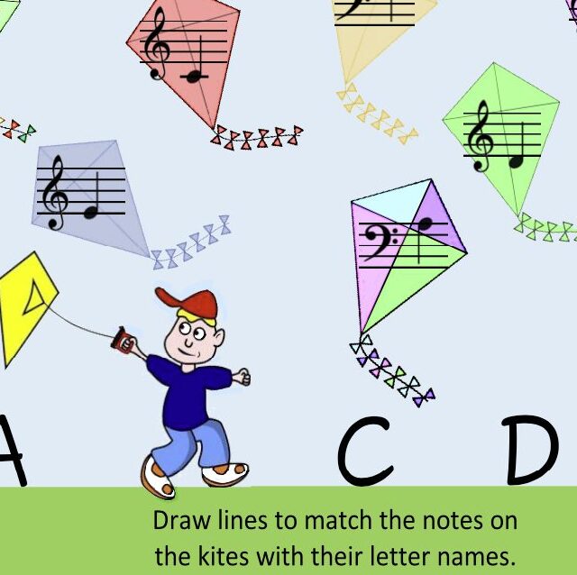 A boy is flying kites with music notes.