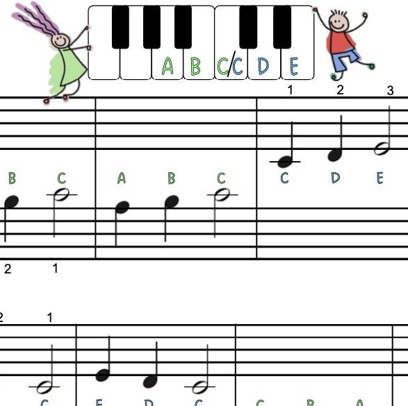 A sheet music with musical notes and children playing.
