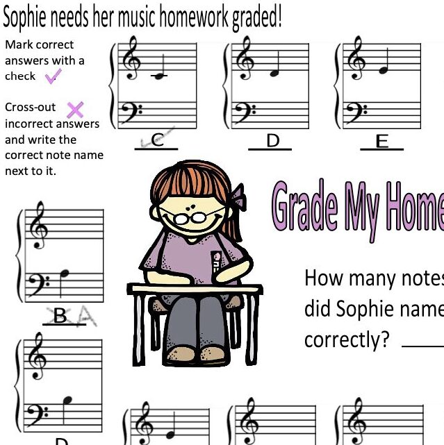 A sheet music worksheet with an image of a girl sitting at her desk.
