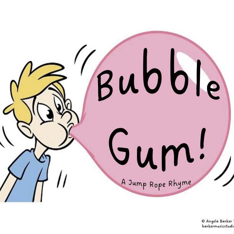 A cartoon of a boy with a bubble gum balloon.