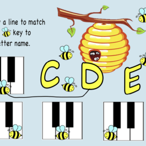 A bee and honey comb with keys to the letter name.