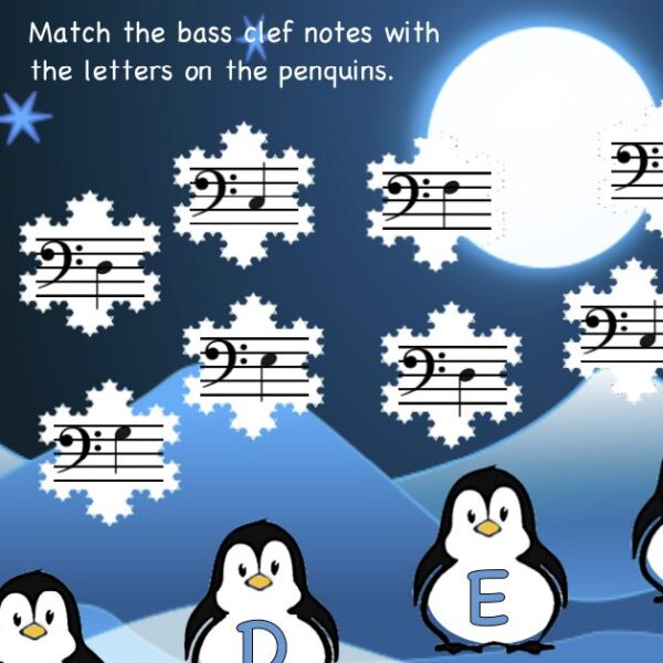 A sheet music with penguins and the letter e