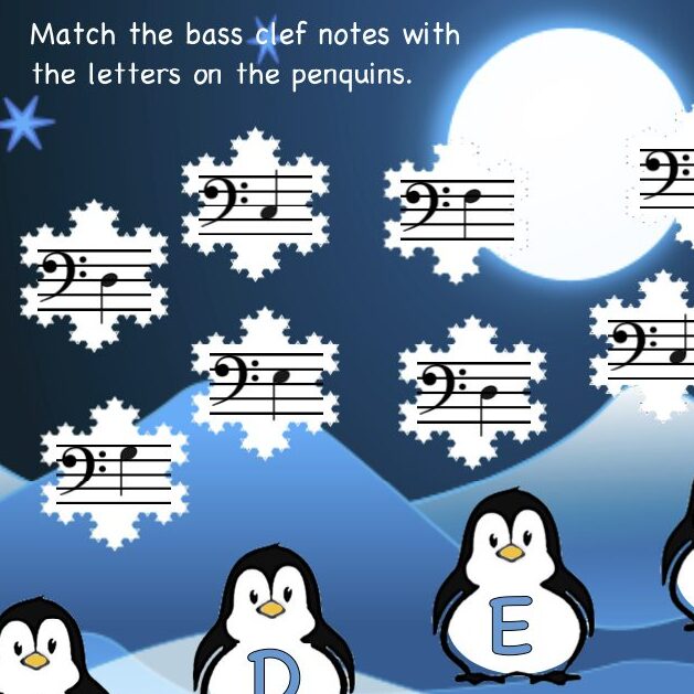 A sheet music with penguins and the letter e
