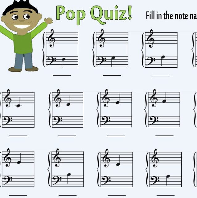 A sheet music with notes and the name of each note.