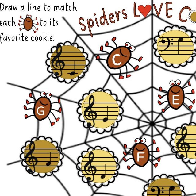 A spider web with notes and treble clefs on it.