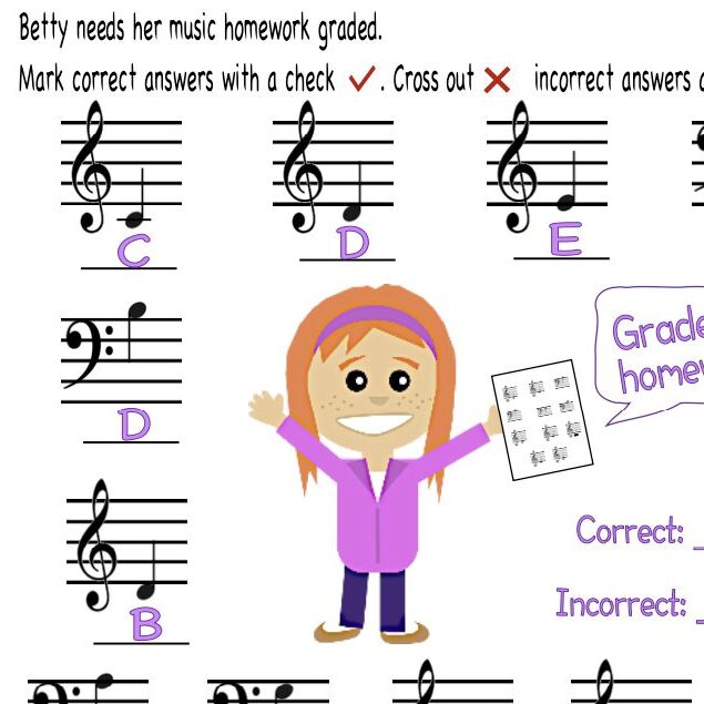A girl is playing music notes on her sheet.