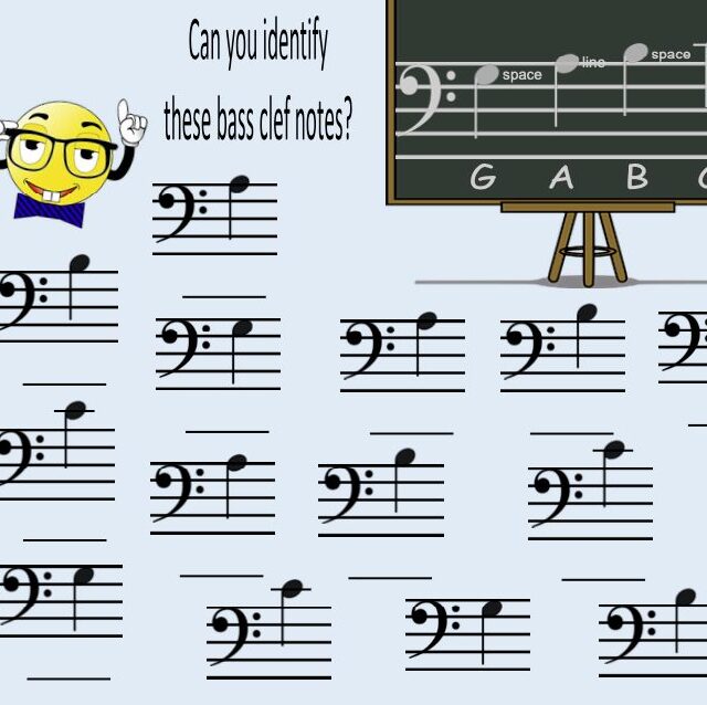 A sheet music with bass clefs and notes written on it.