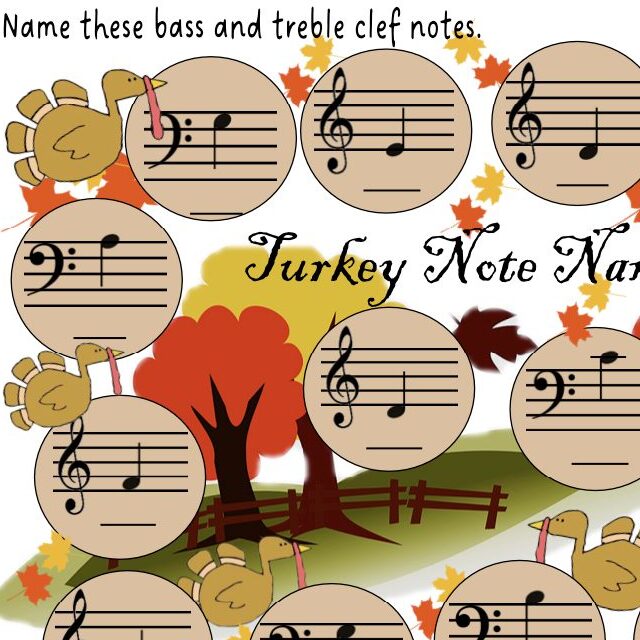 A sheet music with turkeys and leaves on it.