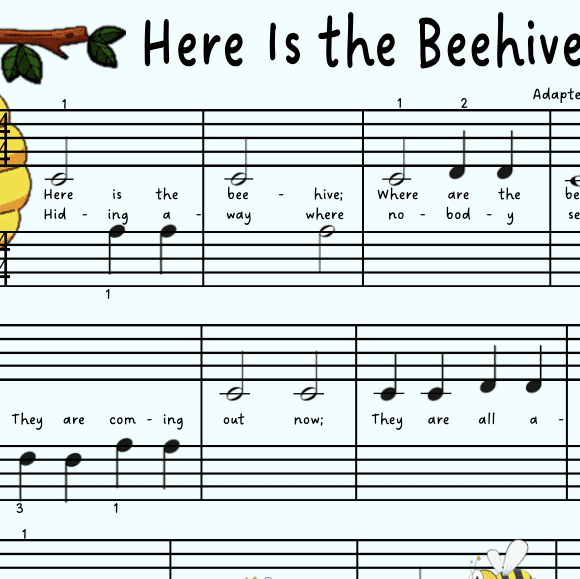 A sheet music with bee images and the words " here is the beehive ".