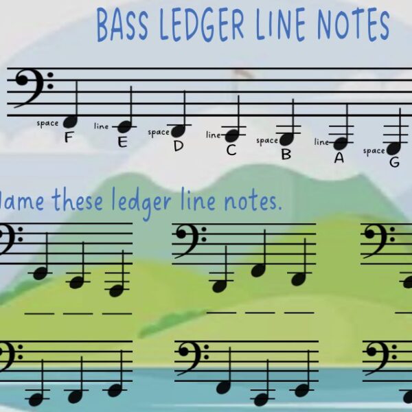 A sheet music with bass ledger lines and notes.