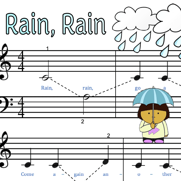 A sheet music with rain, rain and umbrella on it.