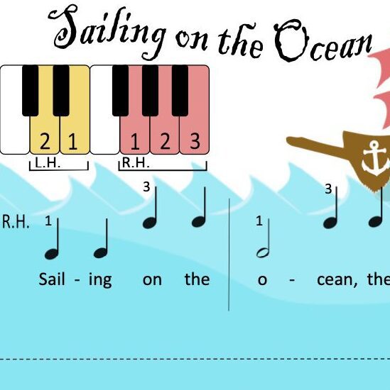 A sheet music with musical notes and an image of a boat.