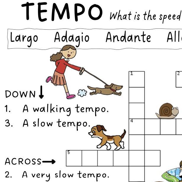 A crossword puzzle with the words tempo and an image of a girl walking a dog.